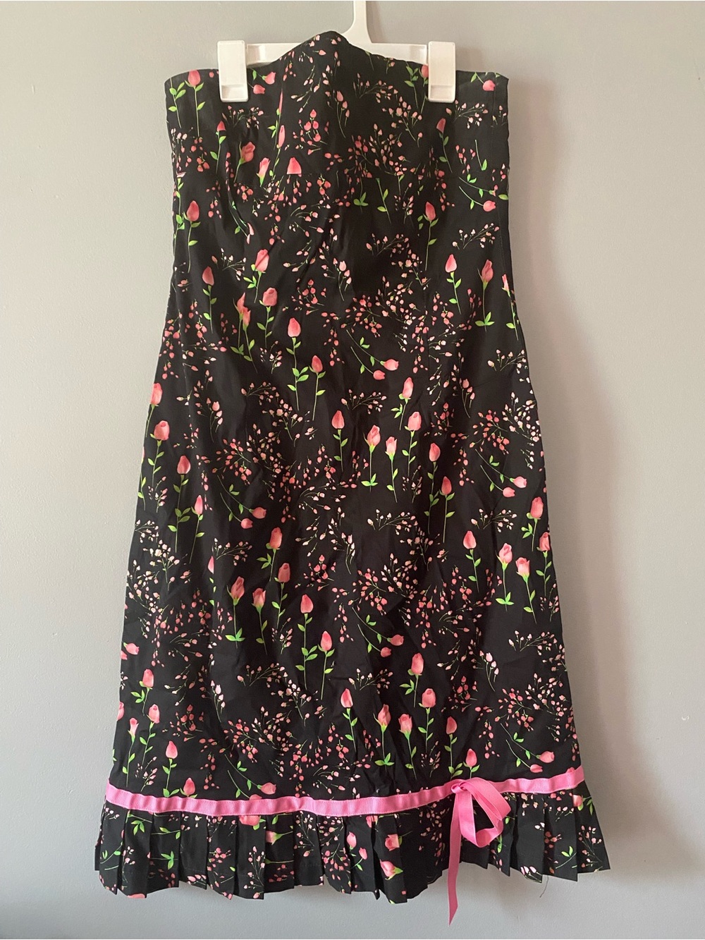 Strapless Black Floral Dress with Pink Accents
